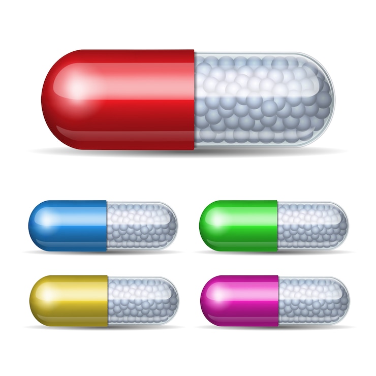 Vettore set di capsule mediche con granuli su sfondo bianco. illustrazione