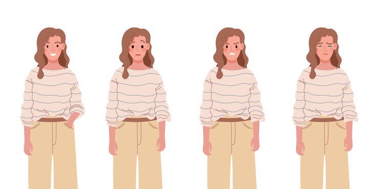 Set di carattere femminile di emozioni diverse. Ragazza giovane con varie espressioni facciali