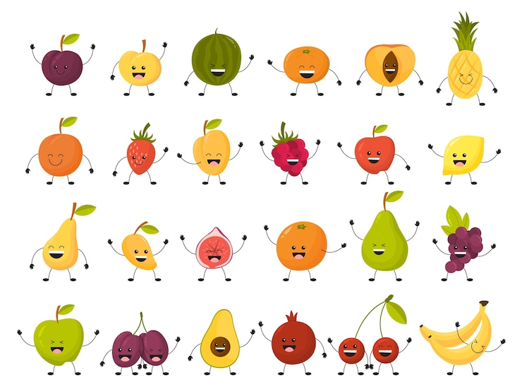 Vettore set di caratteri di frutta. raccolta di cibo divertente con la faccia