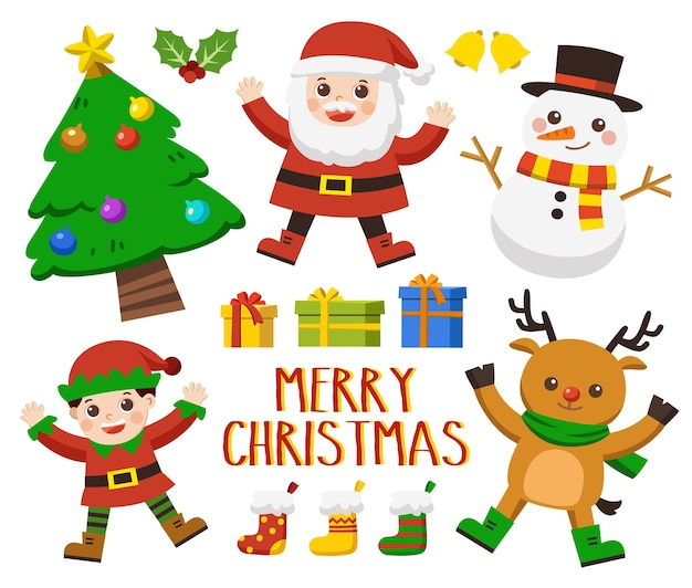 Set di caratteri natalizi [Cervo, Babbo Natale, Elfo, albero e pupazzo di neve] Set di Happy Merry Christmas.