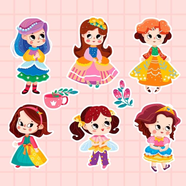 Set di caricature di ragazze carinose in abiti diversi illustrazione vettoriale