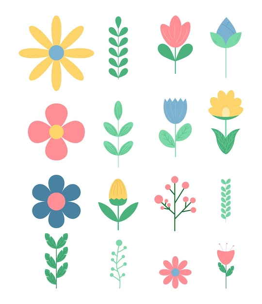 set di carini fiori e foglie primaverili in stile piatto su bianco vettor stile Kids