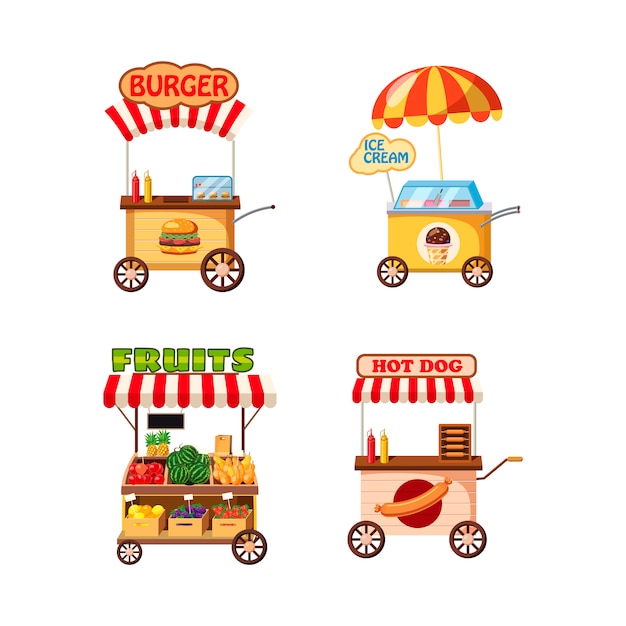 Set di carrelli stradali. Cartone animato set di street cart shop