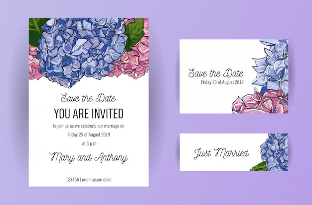 Set di carta di invito di nozze con fiori blu e rosa Ortensia.