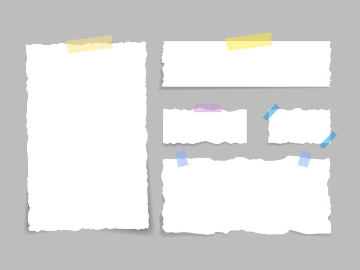 Set di carta strappata fissata con nastro adesivo. Rifiuti di carta. Carta strappata, fogli strappati e un foglio di carta per appunti. Illustrazione vettoriale.