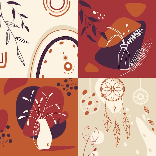 Set di carte boho piatte disegnate a mano