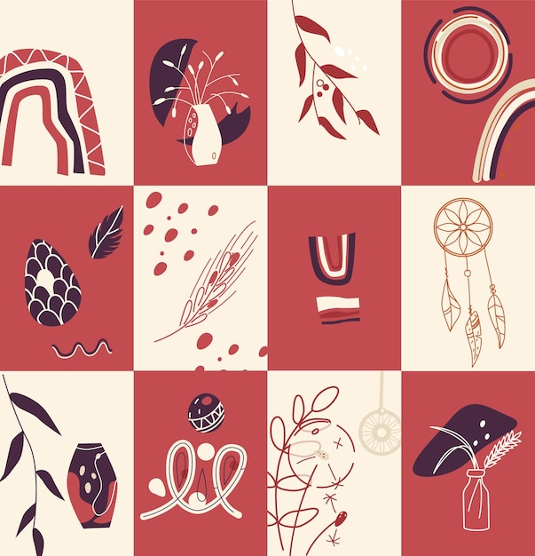 Set di carte boho piatte in terracotta disegnate a mano