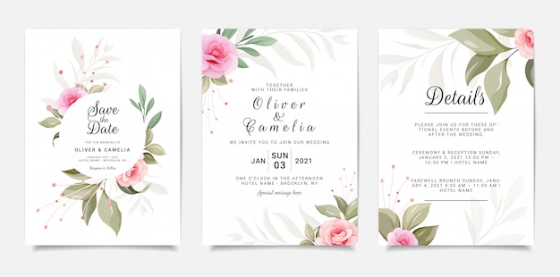 Set di carte con fiori. Modello di invito elegante impostato con cornice floreale