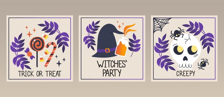 Vettore set di carte di halloween in stile cartone animato
