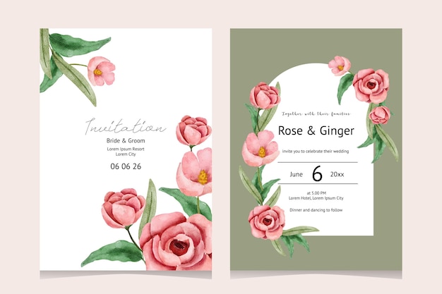 set di carte di invito a nozze con rose ad acquerello morbido