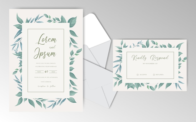 Set di carte di invito matrimonio verde con foglie eleganti