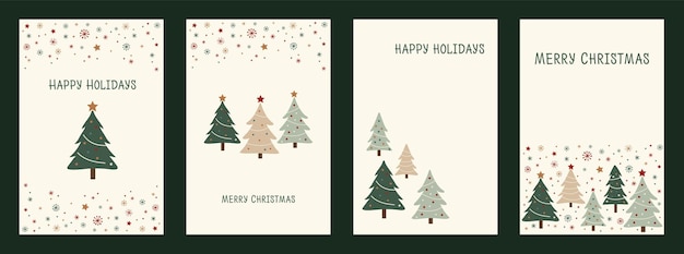 Set di carte di Natale contemporanee con alberi e stelle pastello