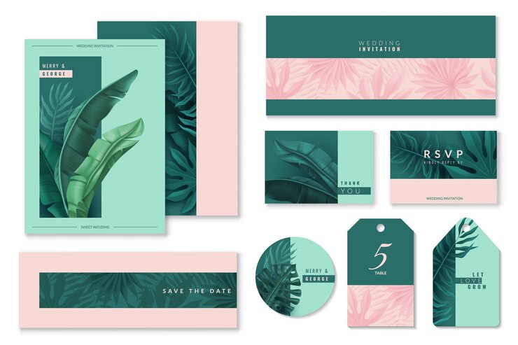 Set di carte di nozze foglie tropicali