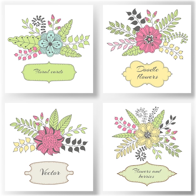 Set di carte vettoriali floreali con fiori colorati lascia bacche e boccioli di fiori con cornici di testo