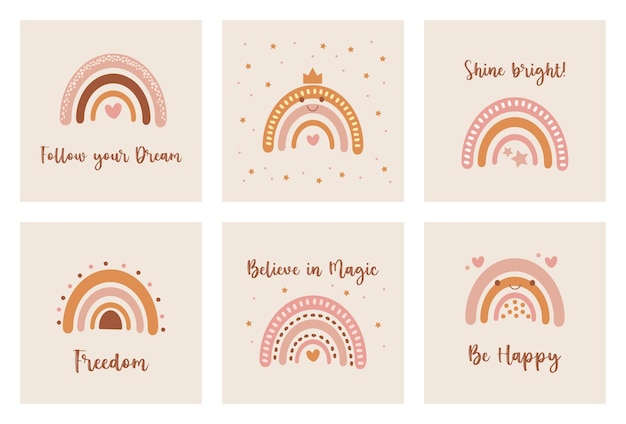 Set di cartoline arcobaleno in stile boho in colori pastello Sei illustrazioni di cartoni animati bohemi