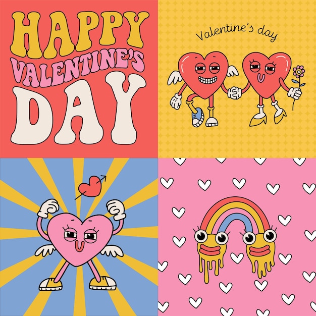 Set di cartoline d'auguri di san valentino quadrate in modello di banner groovy in stile retrò sss groovy per i social