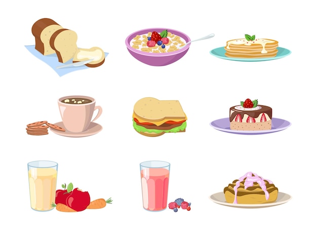 Set di cartone animato cibo colazione. Menu del cibo del caffè o della casa per l'icona di colazione tradizionale mattutina isolata su bianco