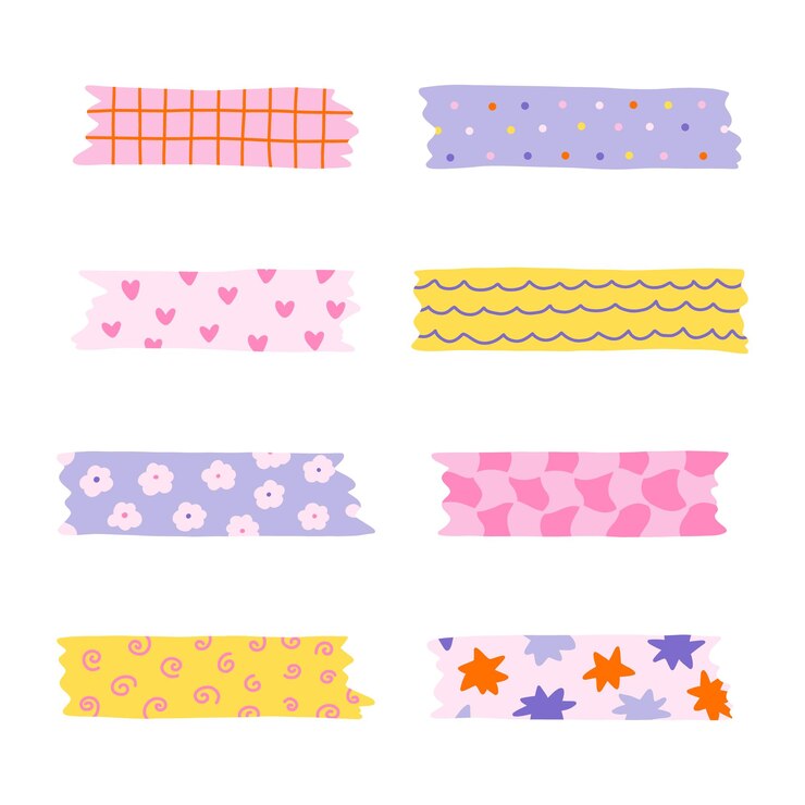 Vettore set di cartoni animati di strisce di nastro washi con geometria scricchiolante e disegno carino nastri adesivi vettoriali