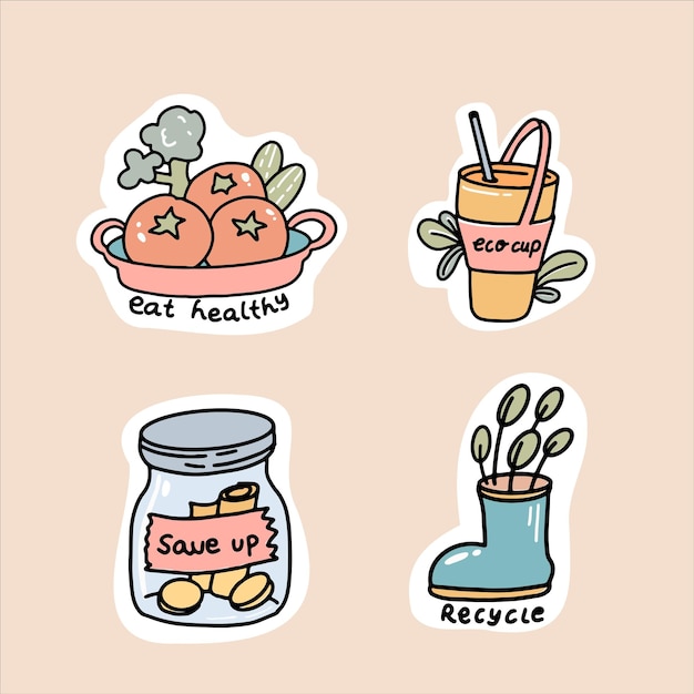 set di cartoni animati kawaii sticker doodle vettore