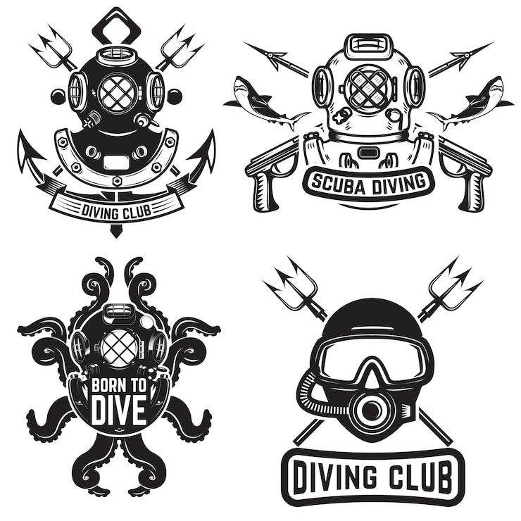 Vettore set di caschi da immersione vintage. emblemi subacquei. arma da sub. illustrazione