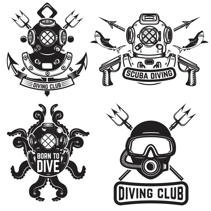 Vettore set di caschi da immersione vintage. emblemi subacquei. arma da sub. illustrazione
