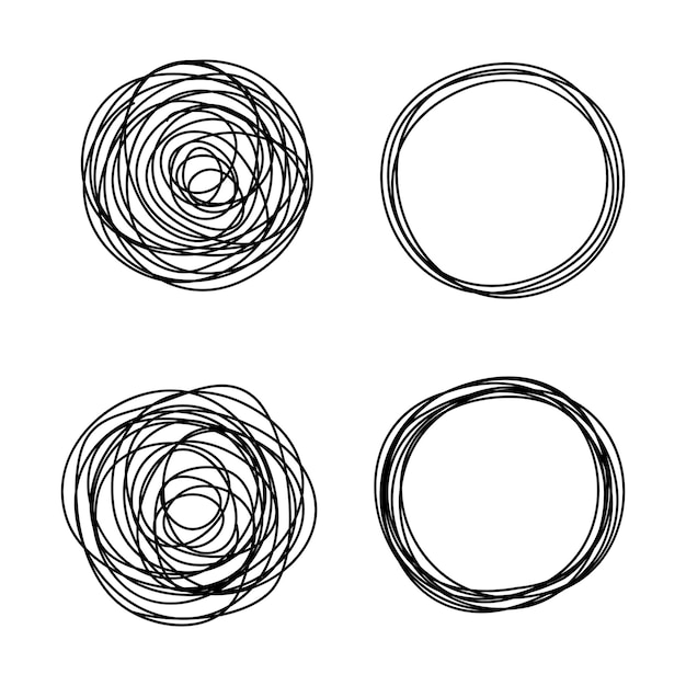 Set di cerchi rotondi scarabocchiati disegnati a mano con una linea sottile isolata su sfondo bianco Illustrazione vettoriale
