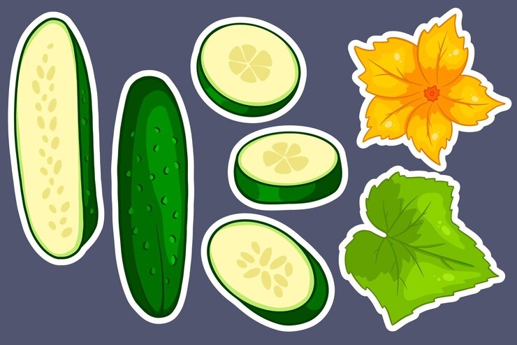 Vettore set di cetrioli i cetrioli freschi si incuneano mezzo fiore e foglia di cetriolo in adesivi in stile cartone animato