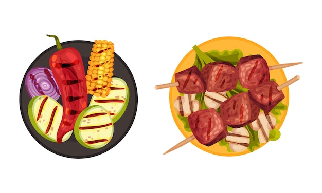 Set di cibo alla griglia. Vista dall'alto di piatti deliziosi per l'illustrazione vettoriale del menu di una grigliata