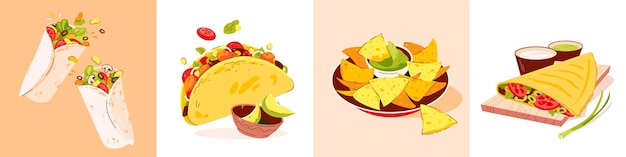 Set di cibo messicano Cucina messicana con vari piatti Illustrazione piatta vettoriale