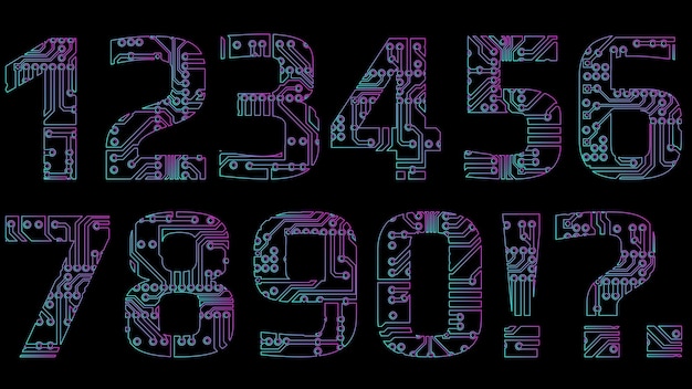 Set di cifre di contorno in stile digitale perforato con tracce di circuiti stampati PCB isolate su sfondo nero Cifre di contorno per il mondo digitale moderno nei colori viola e ciano Elemento di design