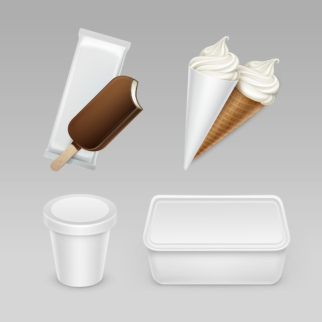 set di cioccolato ghiacciolo Choc-ice lecca-lecca gelato soft servire cono di cialda con involucro di plastica bianca e contenitore della scatola per il pacchetto da vicino sullo sfondo.