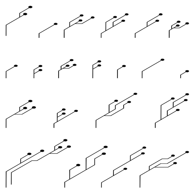 Set di circuiti stampati isometrici PCB traccia sagome isolate su sfondo bianco Clipart tecnico isometrico con linee e punti Elemento di design