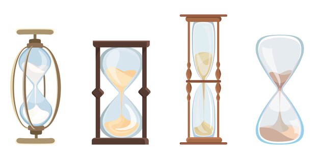 Set di clessidra vintage. Orologio con sabbia che scorre in stile cartone animato.