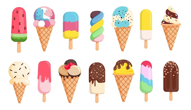Set di clip art per disegni colorati di gelati, icona di gelato e simbolo di gelato in cartone animato