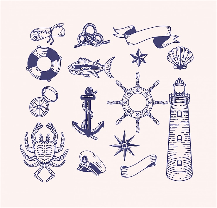 Vettore set di clipart di illustrazione nautica. elementi marini vintage incisi per il design del logo e il marchio. capitano, viaggio oceanico, creature marine, spiaggia, equipaggiamento navale