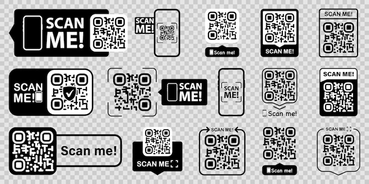 Set di codici QR con iscrizione scan me con telefono Codice QR per pagamento ewallet web app mobile Elemento di design UI UX Iscrizione scan me Scansione codici a barre per smartphone Pagamento mobile e identità