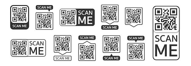 Set di codici QR Modello di cornici con testo scannerizzami e codice QR per app mobile per smartphone