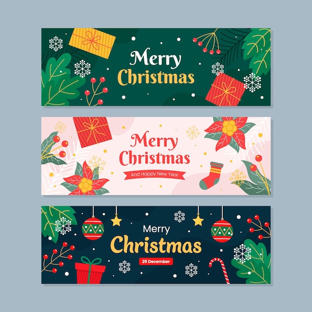Set di collezione di striscioni orizzontali di Natale piatti