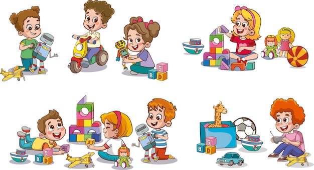 Set di collezione di vettori carini bambini bambini personaggi che giocano con i giocattoli facendo attività in diversi p