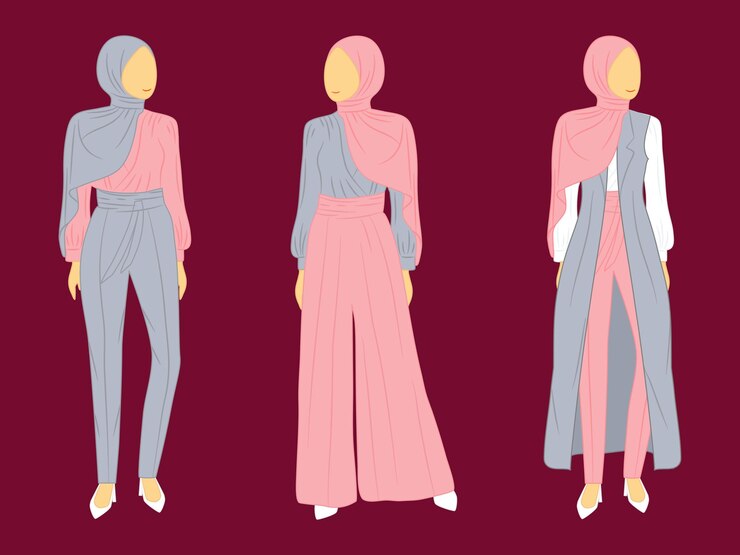 Vettore set di collezione hijab girl indossa abiti moderni e all'ultima moda