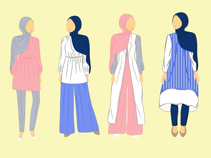 Vettore set di collezione hijab girl indossa abiti moderni e all'ultima moda
