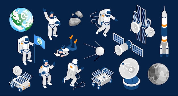 Set di colori isometrici per l'esplorazione dello spazio con avvio dell'astronave e attrezzature per l'illustrazione vettoriale della ricerca scientifica