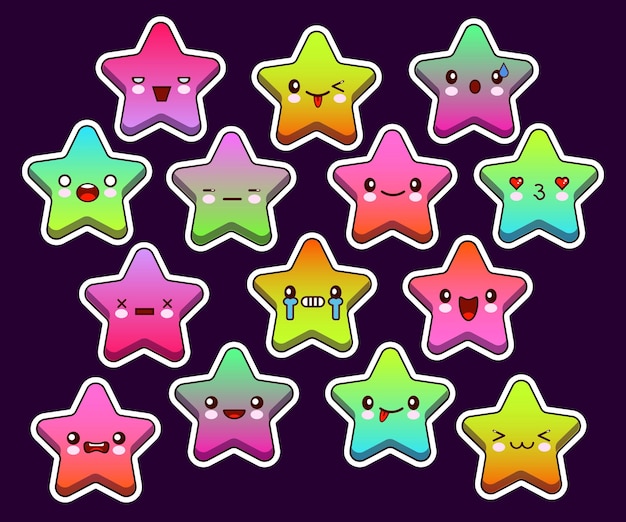 Set di colori neon kawaii twinkle stars Collezione di simpatiche stelle emoji con diverse emozioni facciali Illustrazione vettoriale EPS