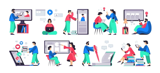 Set di colori per l'istruzione online di personaggi umani e icone di pittogrammi con immagini di gadget e libri illustrazione vettoriale