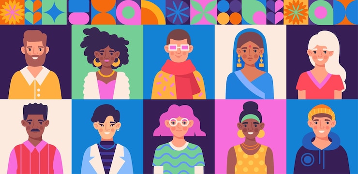 Vettore set di comunità diversificata con vari personaggi maschili e femminili su sfondi colorati colorati