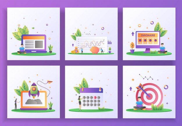 Set di concept design piatto. Gestione, investimenti, branding, avvio, pianificazione, targeting.