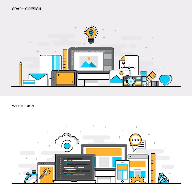 Set di concetti di design di banner a colori a linea piatta per progettazione grafica e web design. Concetti banner web e materiale stampato. Illustrazione vettoriale