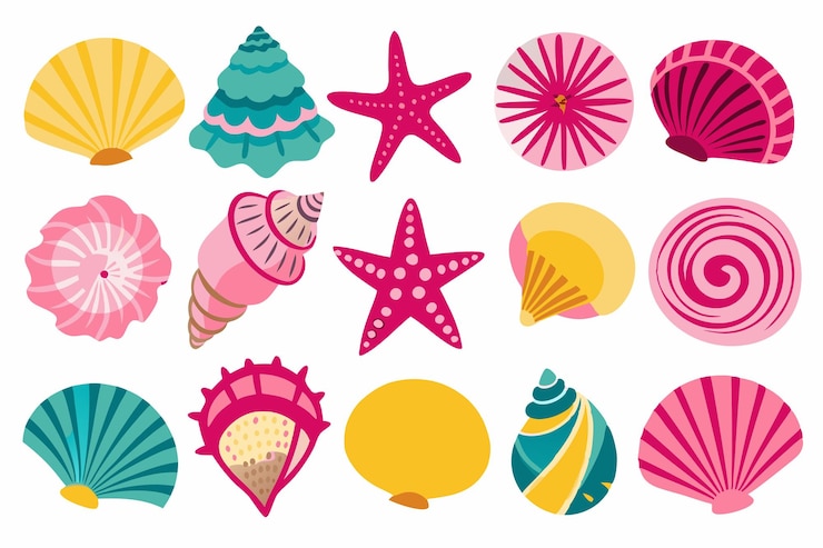 Vettore set di conchiglie marine colorate molluschi lumache marine stelle di mare illustrazione piatta su sfondo bianco