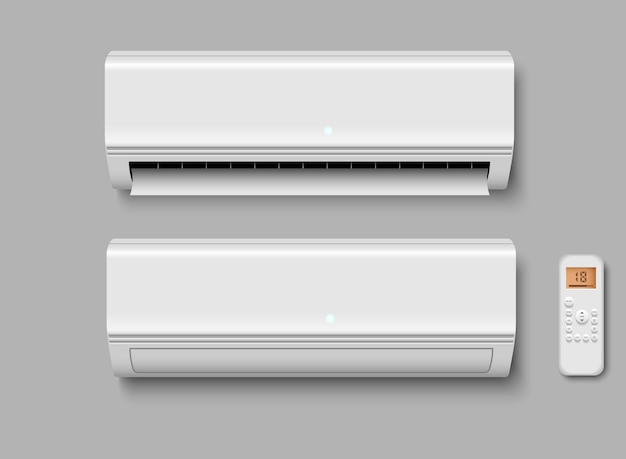 Set di condizionatore d'aria con telecomando apparecchio elettronico moderno per il controllo della temperatura climatica in camera
