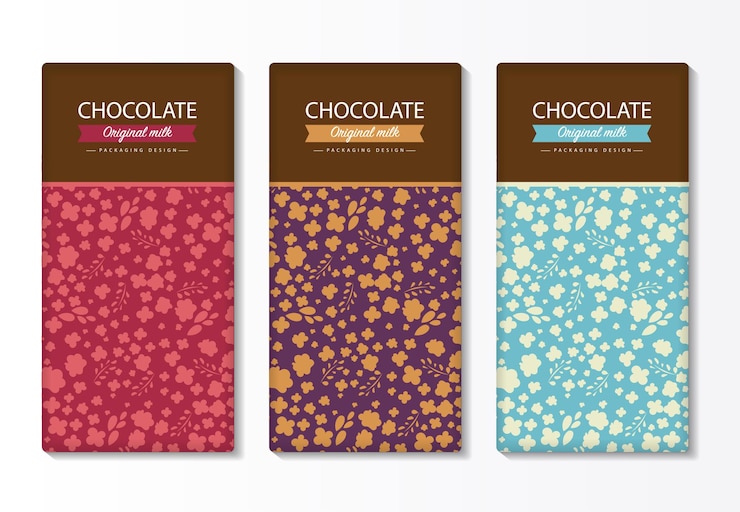 Vettore set di confezioni per barrette di cioccolato. modello di marca di prodotti di lusso alla moda con motivo di etichetta per l'imballaggio.